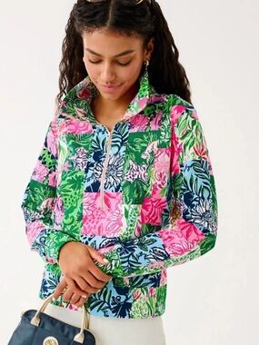 NWT Lilly Pulitzer Eleni UPF 50+ Pullover Multi Party Punch Patch 1/2 Zip Small